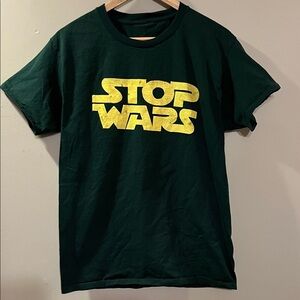 Source Unknown Dark Green Short Sleeve Tee with Yellow 'STOP WARS' Graphic